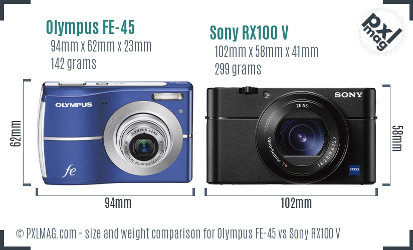 Olympus FE-45 vs Sony RX100 V size comparison