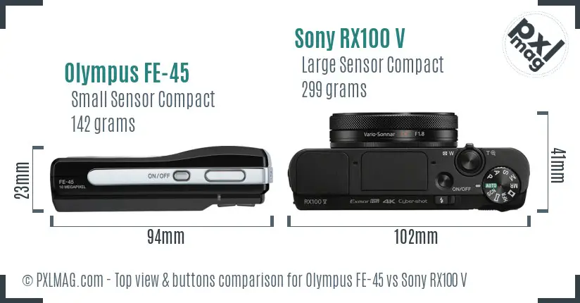Olympus FE-45 vs Sony RX100 V top view buttons comparison