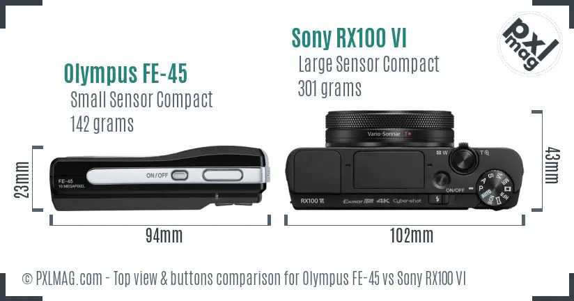 Olympus FE-45 vs Sony RX100 VI top view buttons comparison