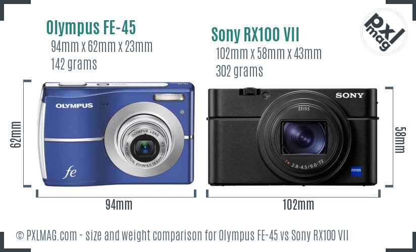 Olympus FE-45 vs Sony RX100 VII size comparison