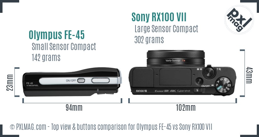 Olympus FE-45 vs Sony RX100 VII top view buttons comparison