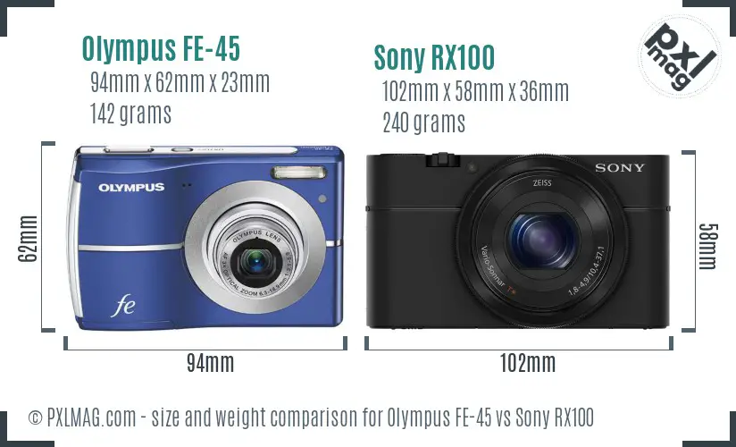 Olympus FE-45 vs Sony RX100 size comparison
