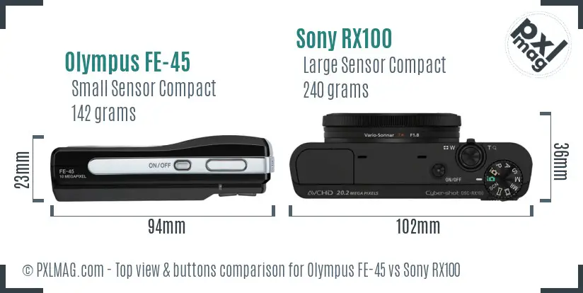 Olympus FE-45 vs Sony RX100 top view buttons comparison