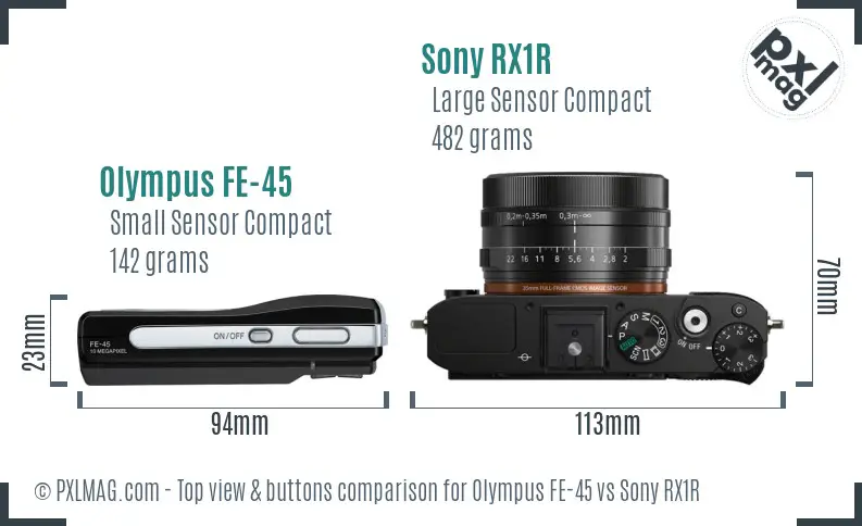 Olympus FE-45 vs Sony RX1R top view buttons comparison Olympus FE-45 vs Sony RX1R top view buttons comparison