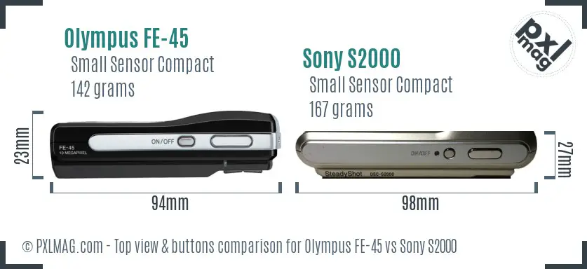 Olympus FE-45 vs Sony S2000 top view buttons comparison