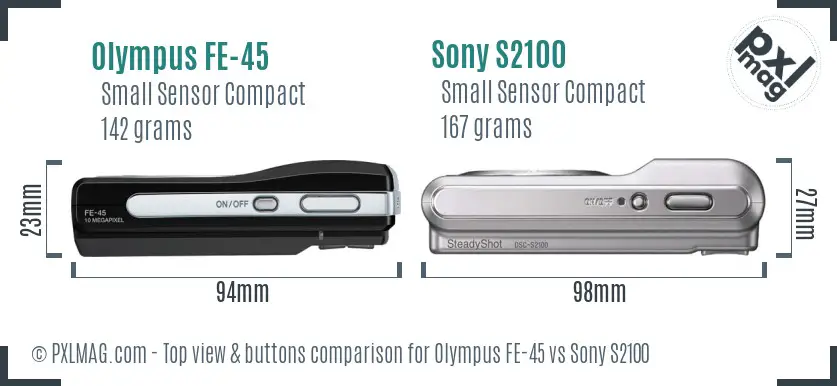 Olympus FE-45 vs Sony S2100 top view buttons comparison