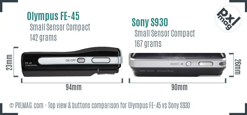 Olympus FE-45 vs Sony S930 top view buttons comparison Olympus FE-45 vs Sony S930 top view buttons comparison