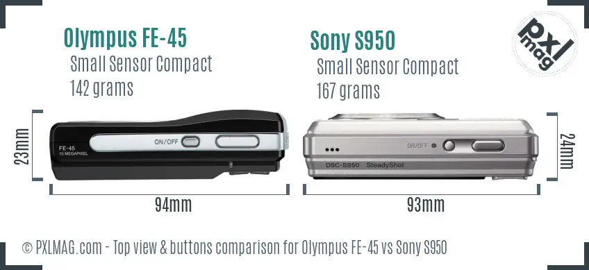 Olympus FE-45 vs Sony S950 top view buttons comparison