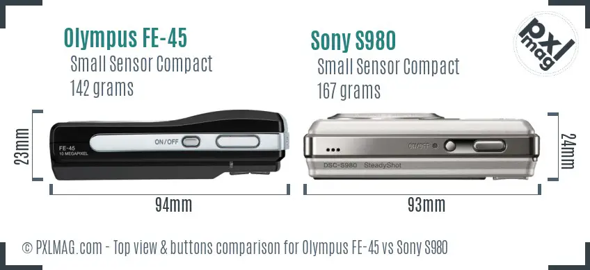 Olympus FE-45 vs Sony S980 top view buttons comparison