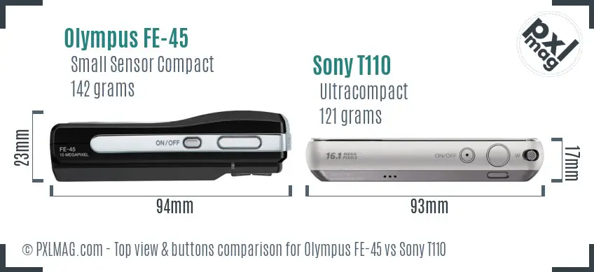 Olympus FE-45 vs Sony T110 top view buttons comparison