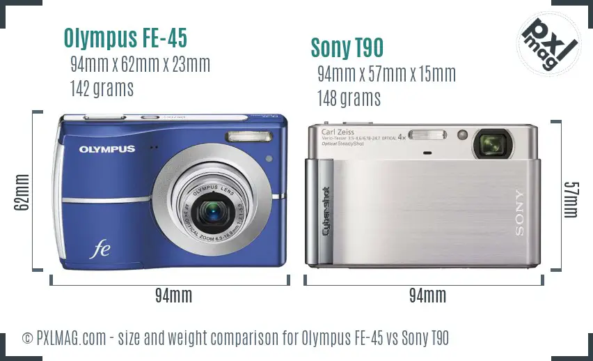 Olympus FE-45 vs Sony T90 size comparison