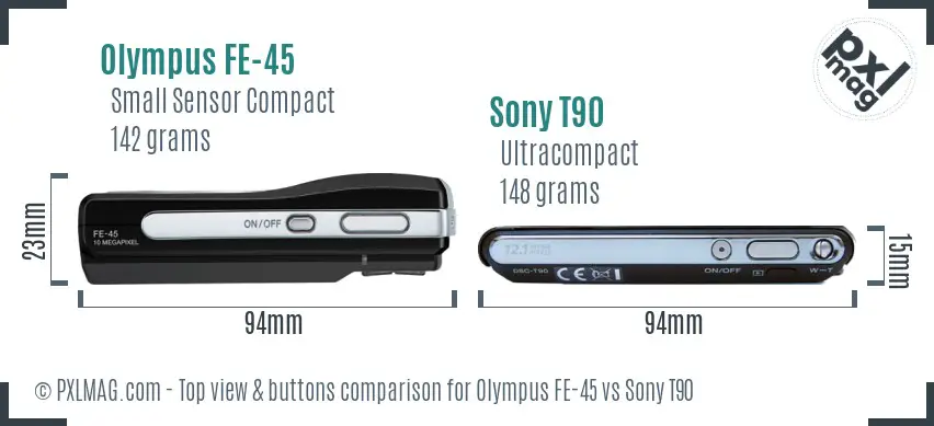 Olympus FE-45 vs Sony T90 top view buttons comparison