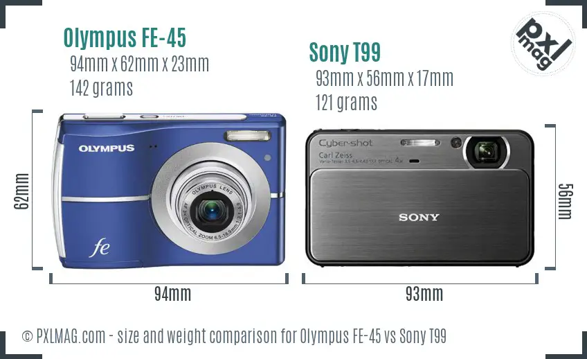 Olympus FE-45 vs Sony T99 size comparison