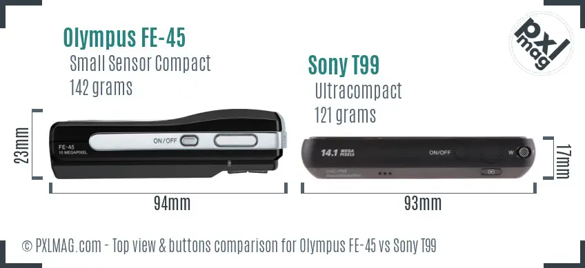 Olympus FE-45 vs Sony T99 top view buttons comparison