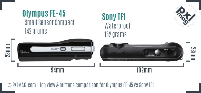Olympus FE-45 vs Sony TF1 top view buttons comparison