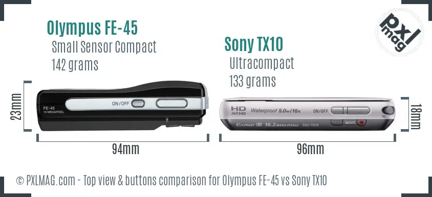 Olympus FE-45 vs Sony TX10 top view buttons comparison