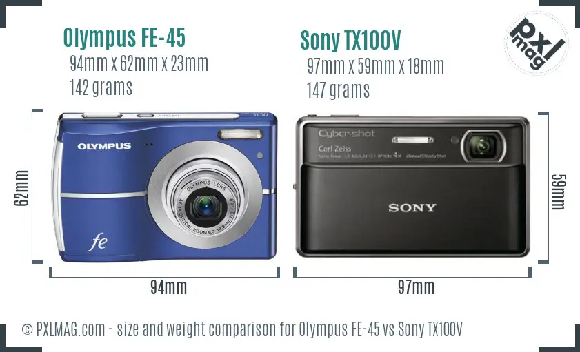 Olympus FE-45 vs Sony TX100V size comparison