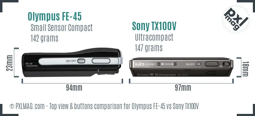 Olympus FE-45 vs Sony TX100V top view buttons comparison