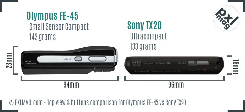 Olympus FE-45 vs Sony TX20 top view buttons comparison