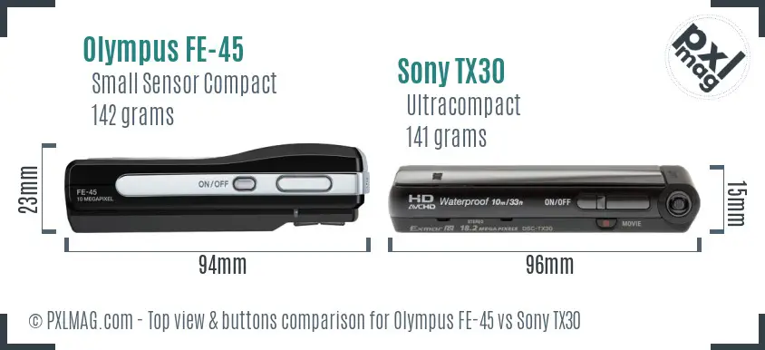 Olympus FE-45 vs Sony TX30 top view buttons comparison