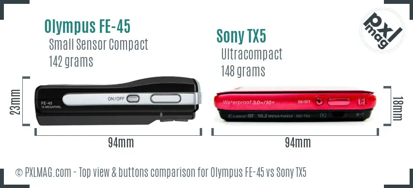 Olympus FE-45 vs Sony TX5 top view buttons comparison