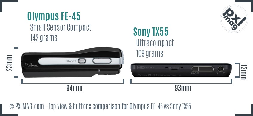 Olympus FE-45 vs Sony TX55 top view buttons comparison