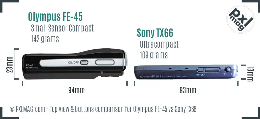 Olympus FE-45 vs Sony TX66 top view buttons comparison