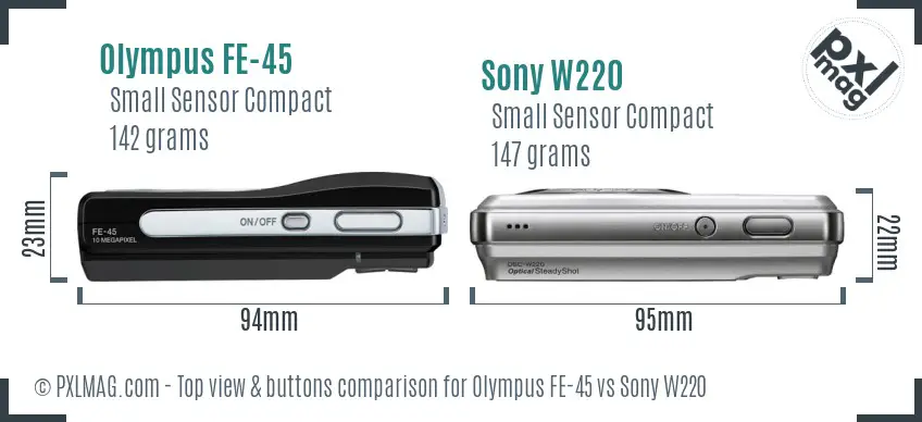 Olympus FE-45 vs Sony W220 top view buttons comparison