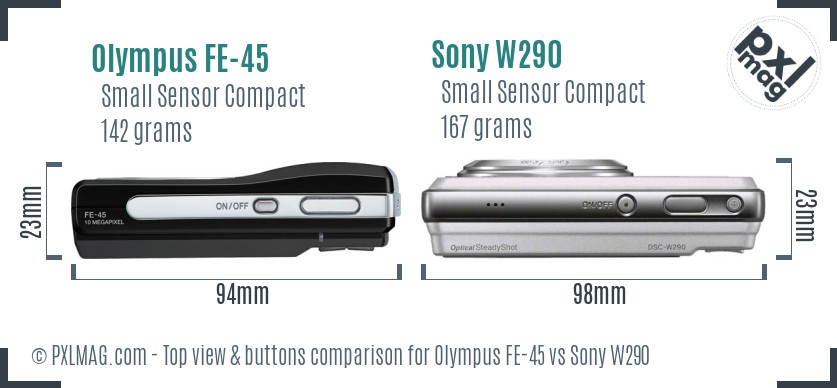 Olympus FE-45 vs Sony W290 top view buttons comparison