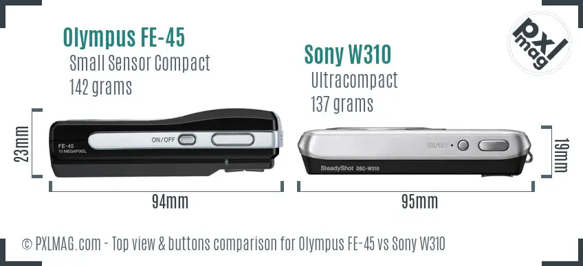 Olympus FE-45 vs Sony W310 top view buttons comparison