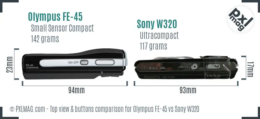 Olympus FE-45 vs Sony W320 top view buttons comparison