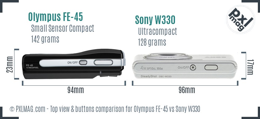 Olympus FE-45 vs Sony W330 top view buttons comparison