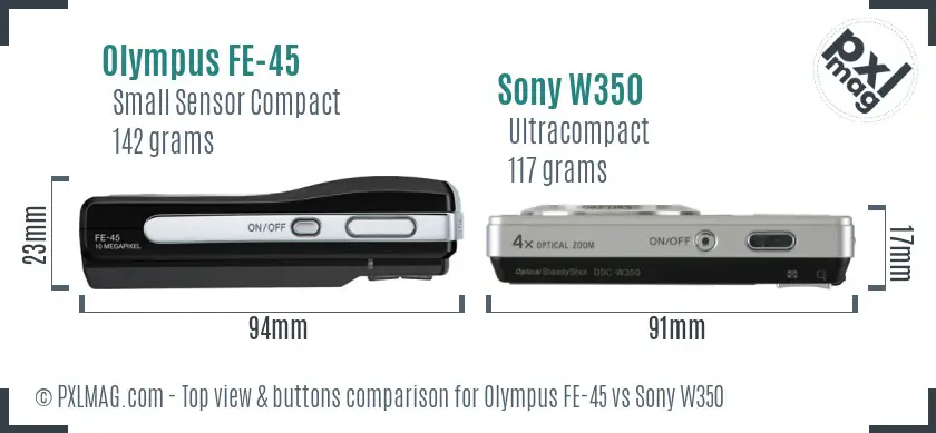 Olympus FE-45 vs Sony W350 top view buttons comparison Olympus FE-45 vs Sony W350 top view buttons comparison