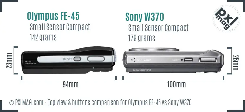 Olympus FE-45 vs Sony W370 top view buttons comparison Olympus FE-45 vs Sony W370 top view buttons comparison