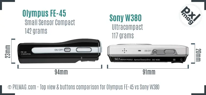 Olympus FE-45 vs Sony W380 top view buttons comparison