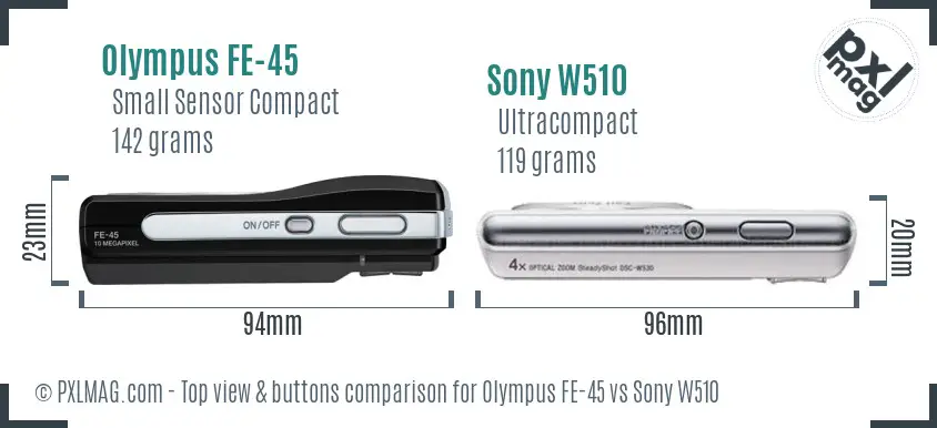 Olympus FE-45 vs Sony W510 top view buttons comparison