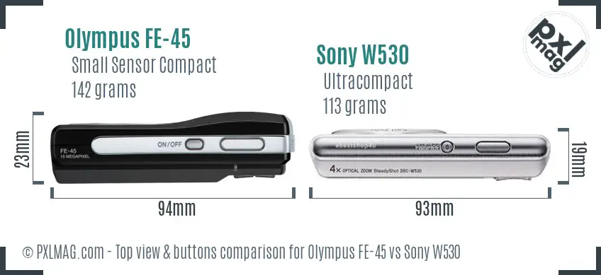 Olympus FE-45 vs Sony W530 top view buttons comparison Olympus FE-45 vs Sony W530 top view buttons comparison