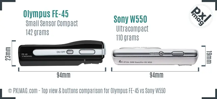 Olympus FE-45 vs Sony W550 top view buttons comparison