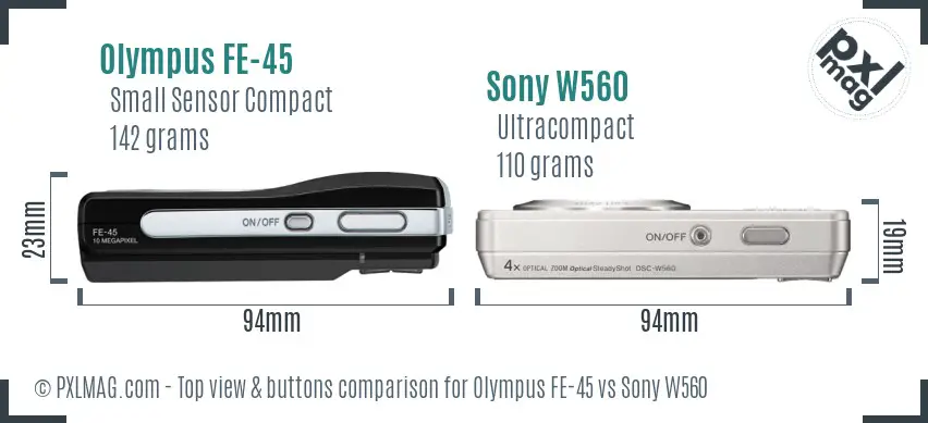 Olympus FE-45 vs Sony W560 top view buttons comparison