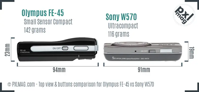 Olympus FE-45 vs Sony W570 top view buttons comparison