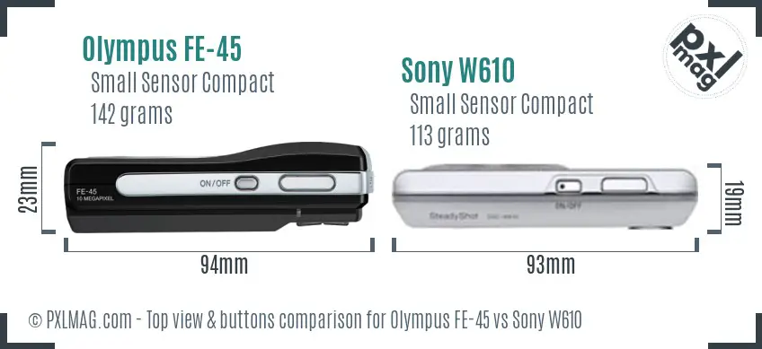 Olympus FE-45 vs Sony W610 top view buttons comparison