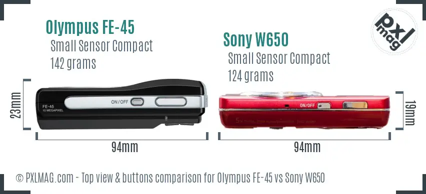 Olympus FE-45 vs Sony W650 top view buttons comparison Olympus FE-45 vs Sony W650 top view buttons comparison