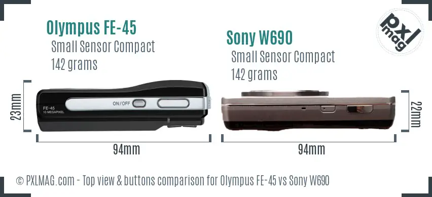 Olympus FE-45 vs Sony W690 top view buttons comparison