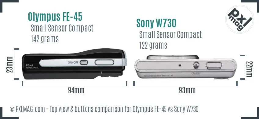 Olympus FE-45 vs Sony W730 top view buttons comparison