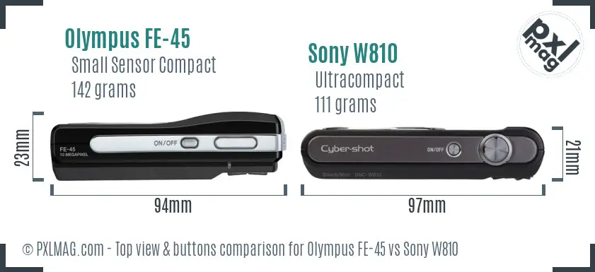Olympus FE-45 vs Sony W810 top view buttons comparison