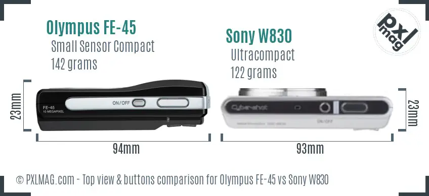 Olympus FE-45 vs Sony W830 top view buttons comparison