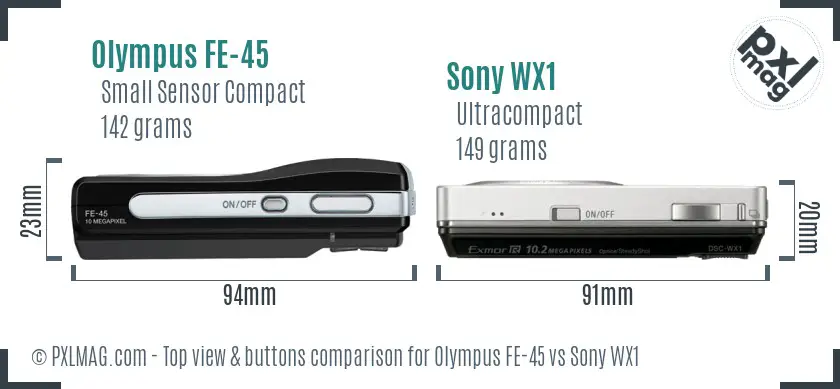 Olympus FE-45 vs Sony WX1 top view buttons comparison