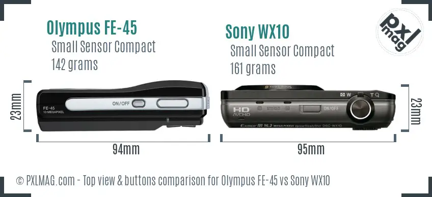 Olympus FE-45 vs Sony WX10 top view buttons comparison