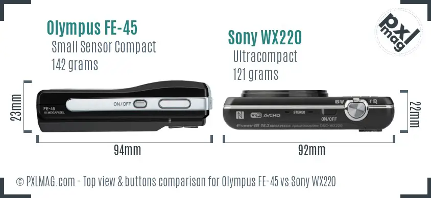 Olympus FE-45 vs Sony WX220 top view buttons comparison