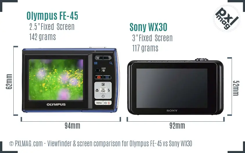 Olympus FE-45 vs Sony WX30 Screen and Viewfinder comparison